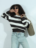 Women's Black Striped Off-Shoulder Knit Sweater Top
