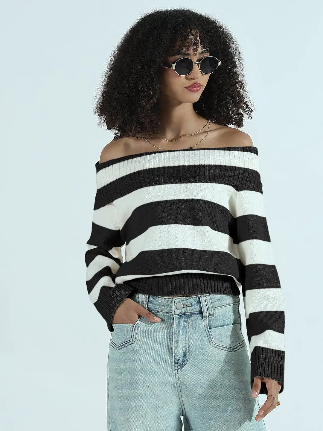 Women's Black Striped Off-Shoulder Knit Sweater Top