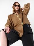 Women's Brown Velvet Oversized Shirt with Gold Brooch Button Detailing