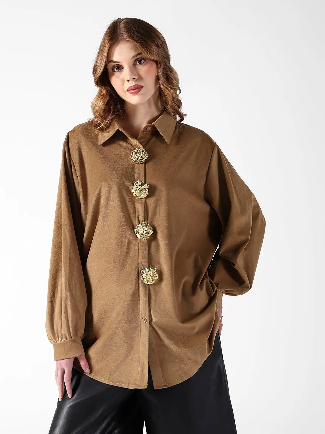 Women's Brown Velvet Oversized Shirt with Gold Brooch Button Detailing
