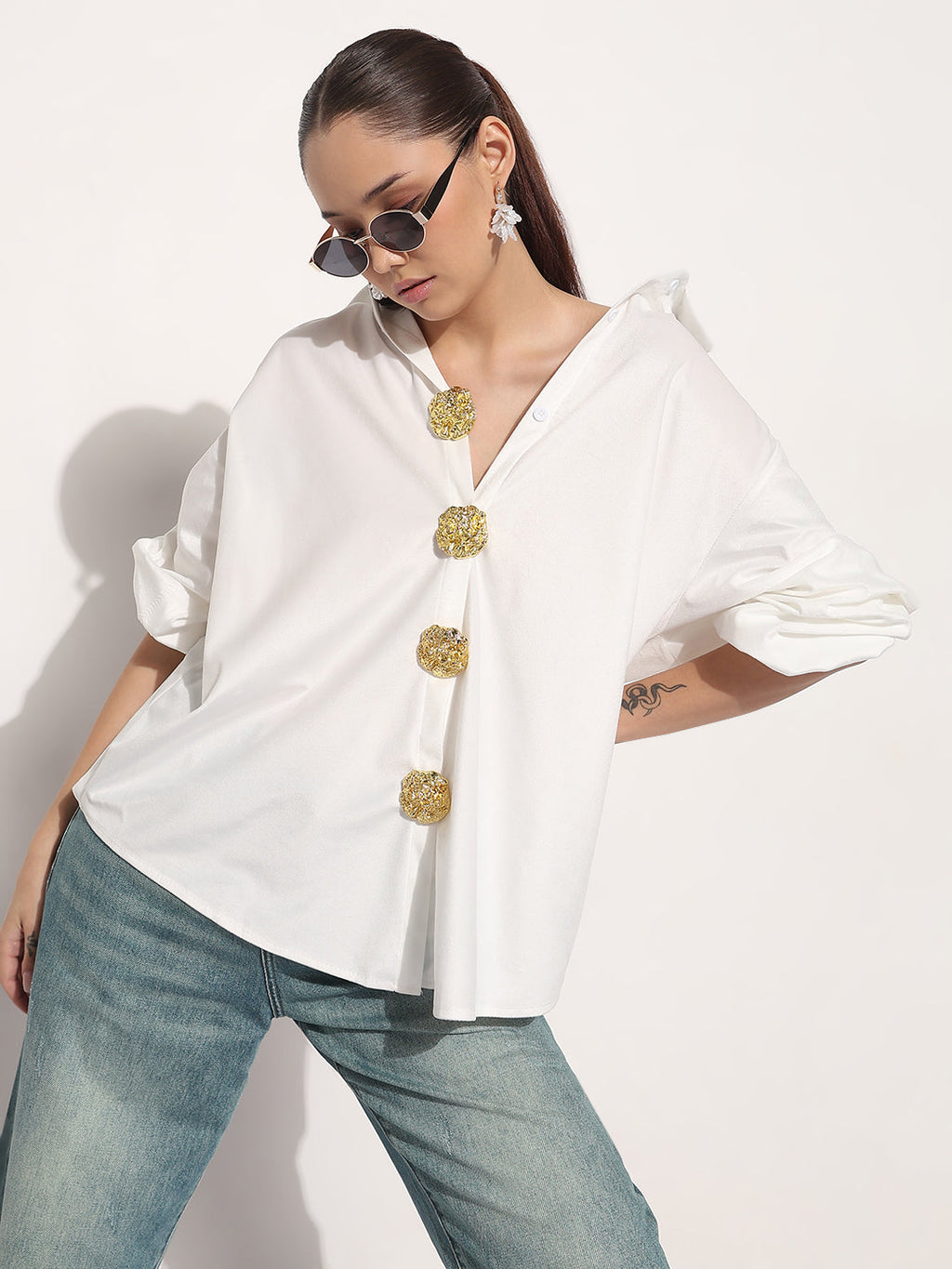 Women's White Velvet Oversized Shirt with Gold Brooch Button Detailing