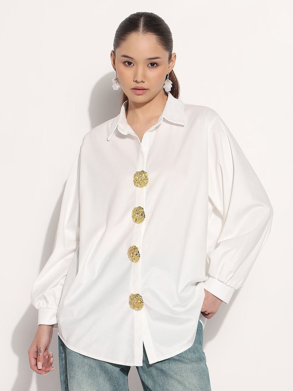 Women's White Velvet Oversized Shirt with Gold Brooch Button Detailing