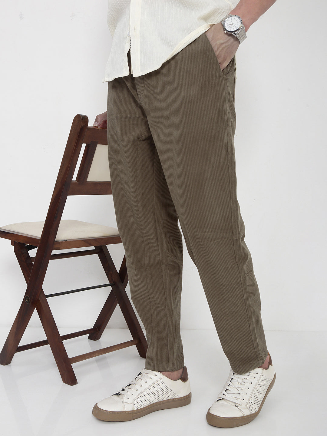 Men's Olive Corduroy Relaxed Fit Trousers