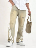 Men's Beige Distressed Relaxed Fit Jeans