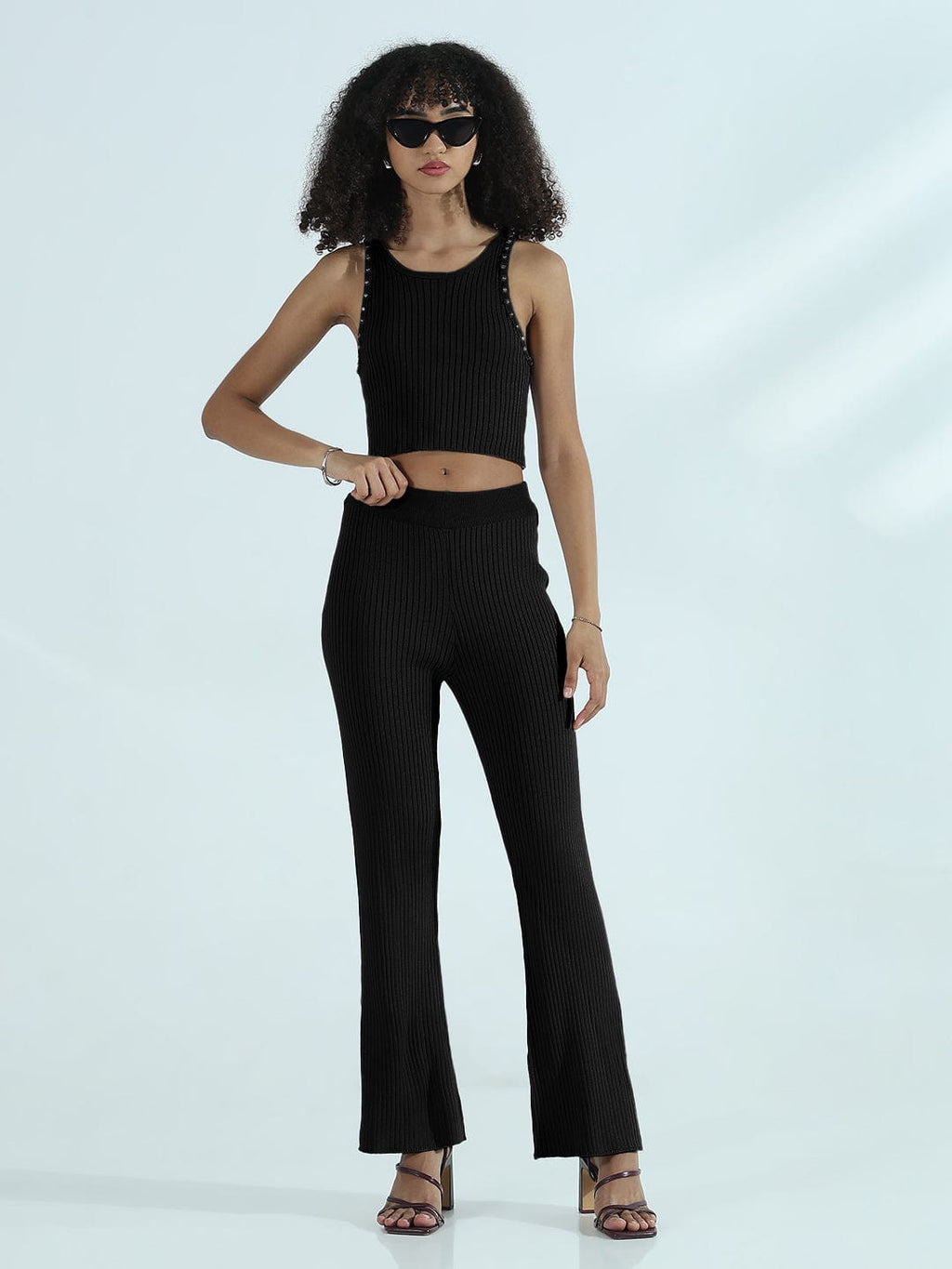 Women's Ribbed Black Sleeveless Co-ords Set with Studs