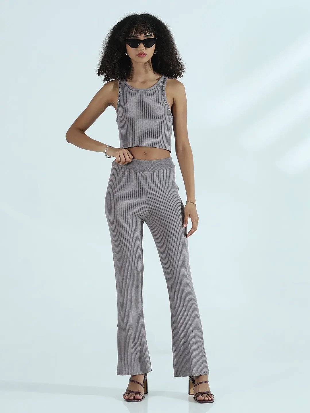 Women's Ribbed Grey Sleeveless Co-ords Set with Studs