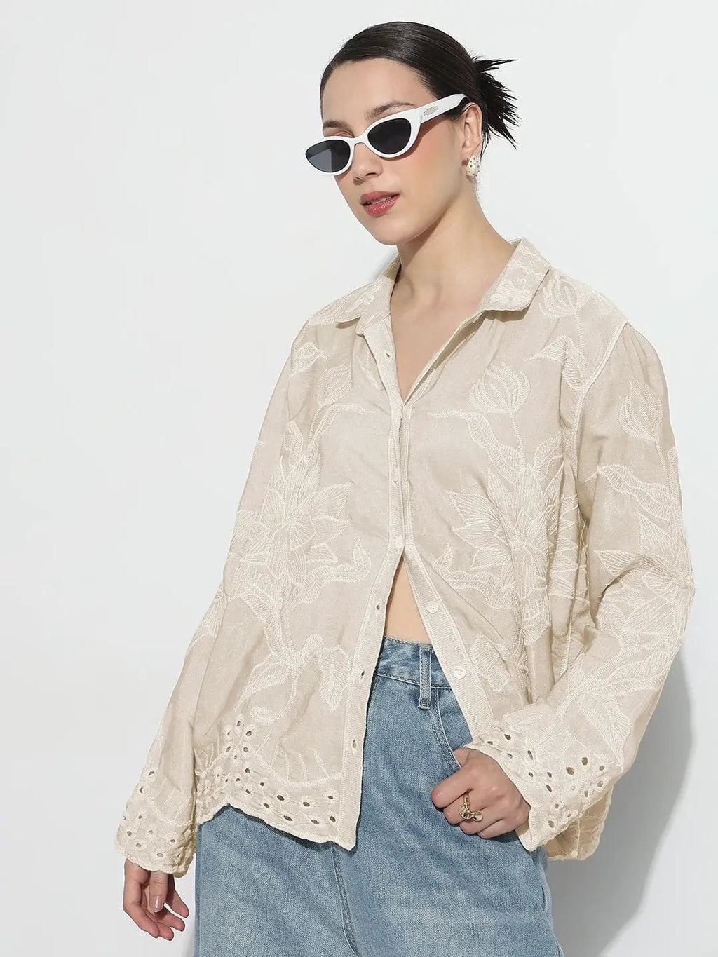 Women's Floral Embroidered Beige Relaxed Fit Shirt