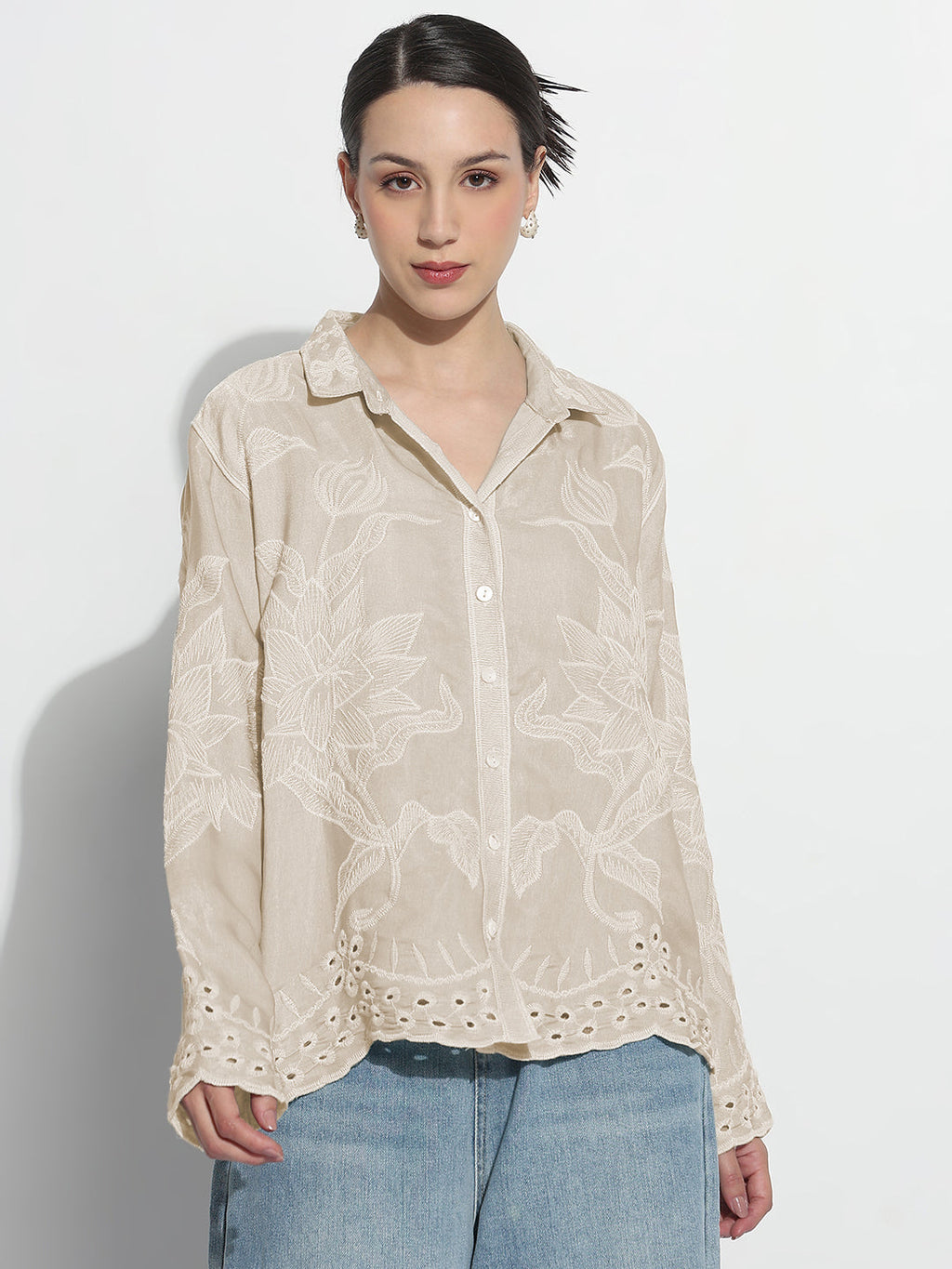 Women's Floral Embroidered Beige Relaxed Fit Shirt
