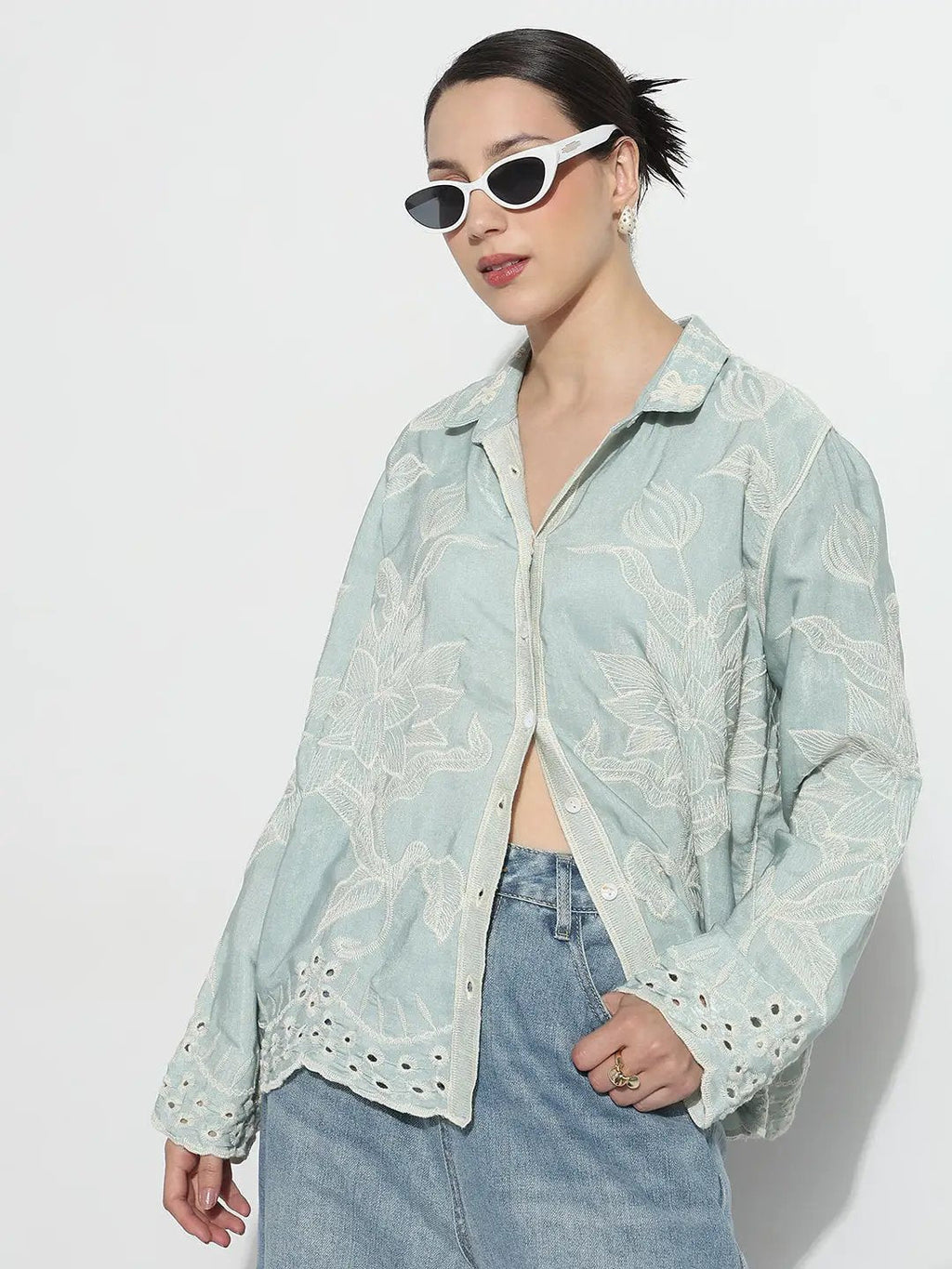 Women's Floral Embroidered Sea Green Relaxed Fit Shirt