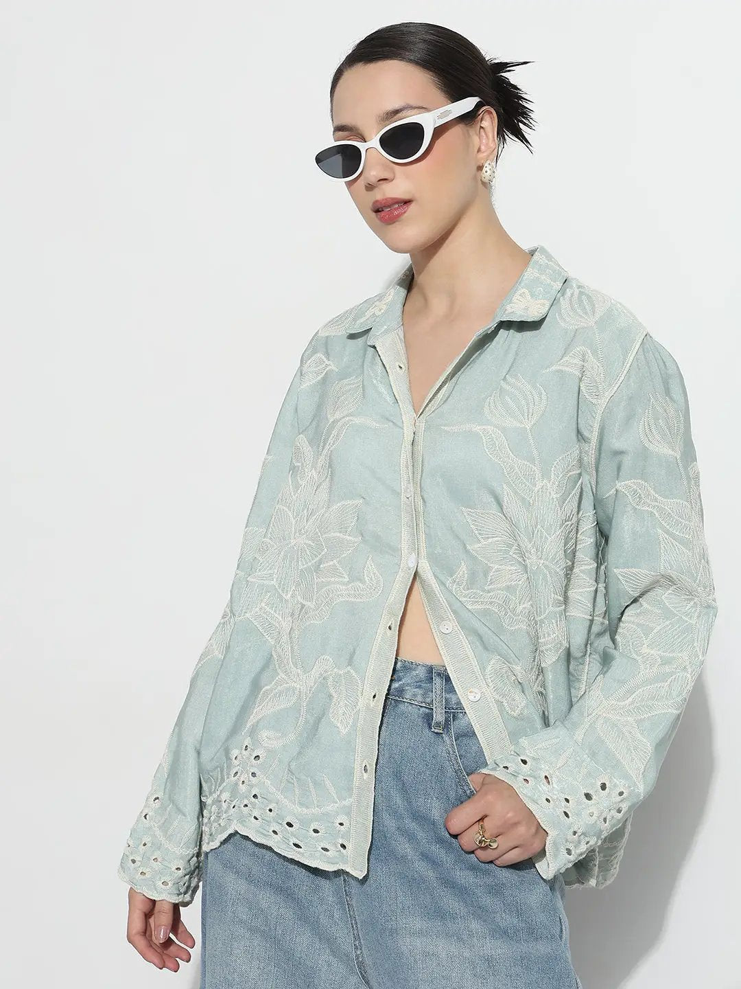Women's Floral Embroidered Sea Green Relaxed Fit Shirt