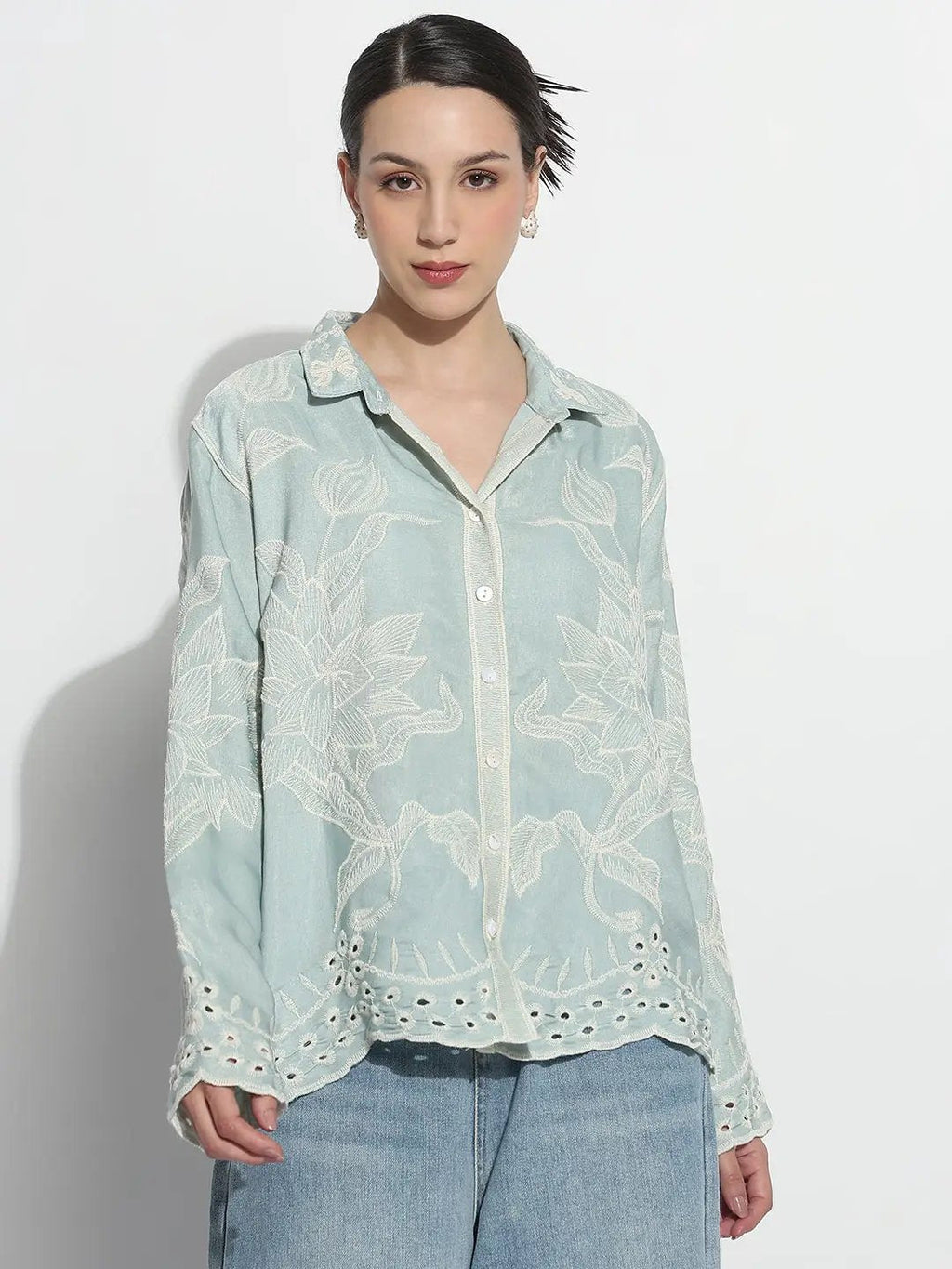 Women's Floral Embroidered Sea Green Relaxed Fit Shirt