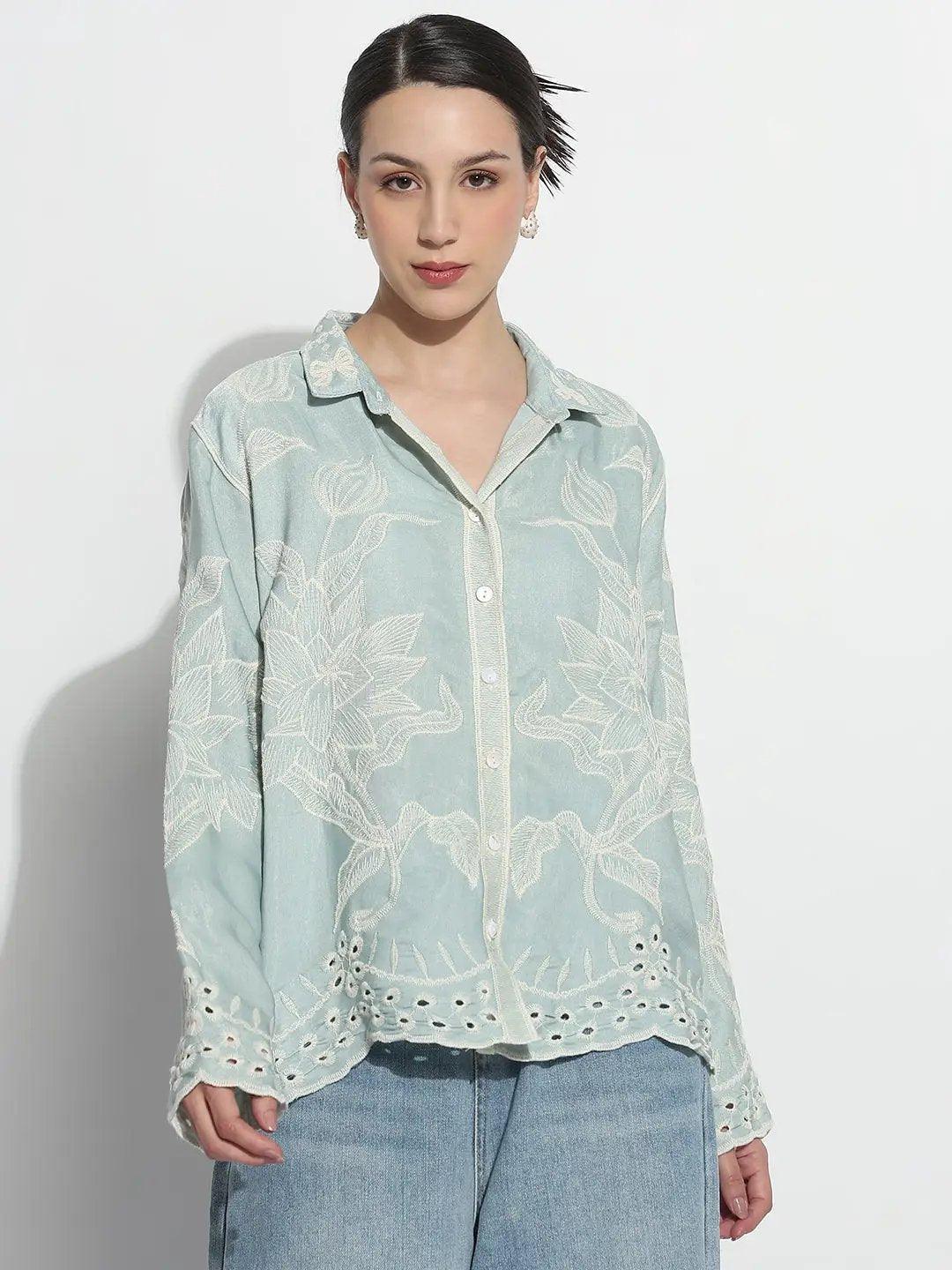 Women's Floral Embroidered Sea Green Relaxed Fit Shirt