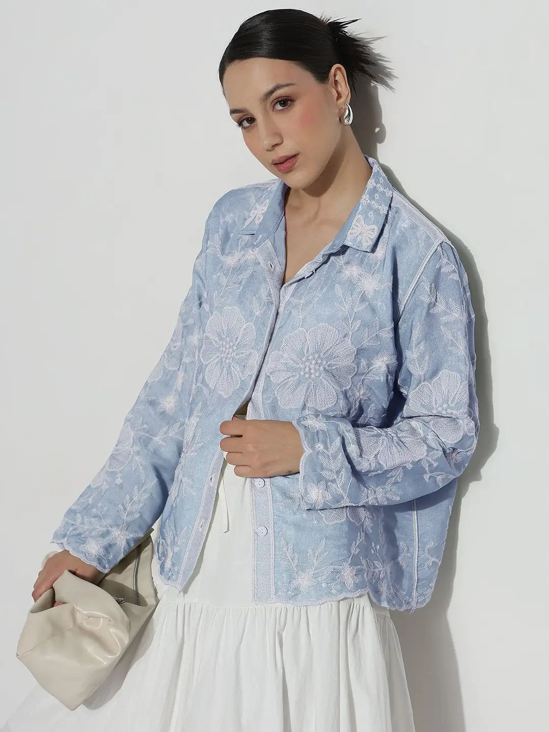Women's Floral Embroidered Blue Relaxed Fit Shirt