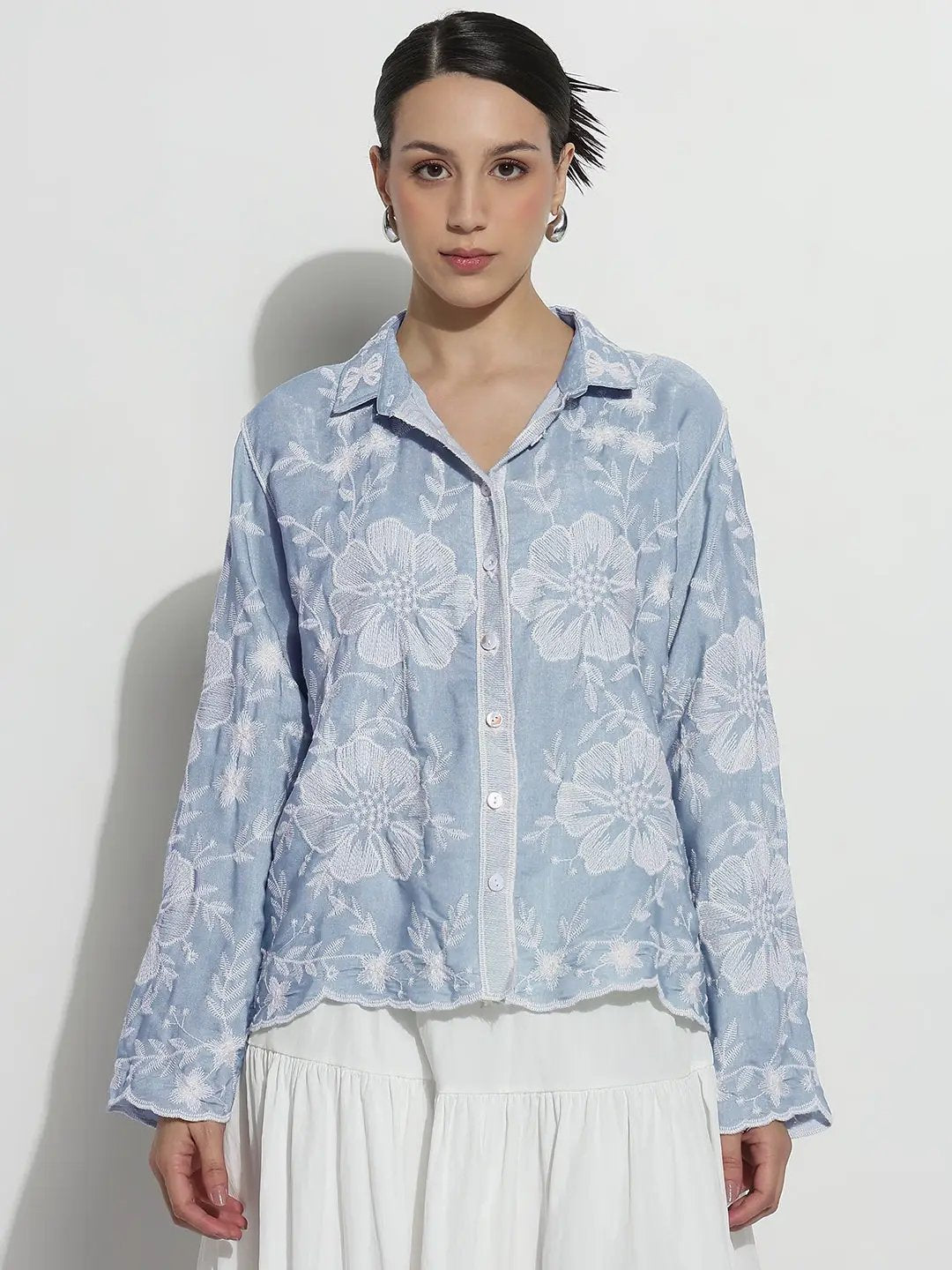 Women's Floral Embroidered Blue Relaxed Fit Shirt