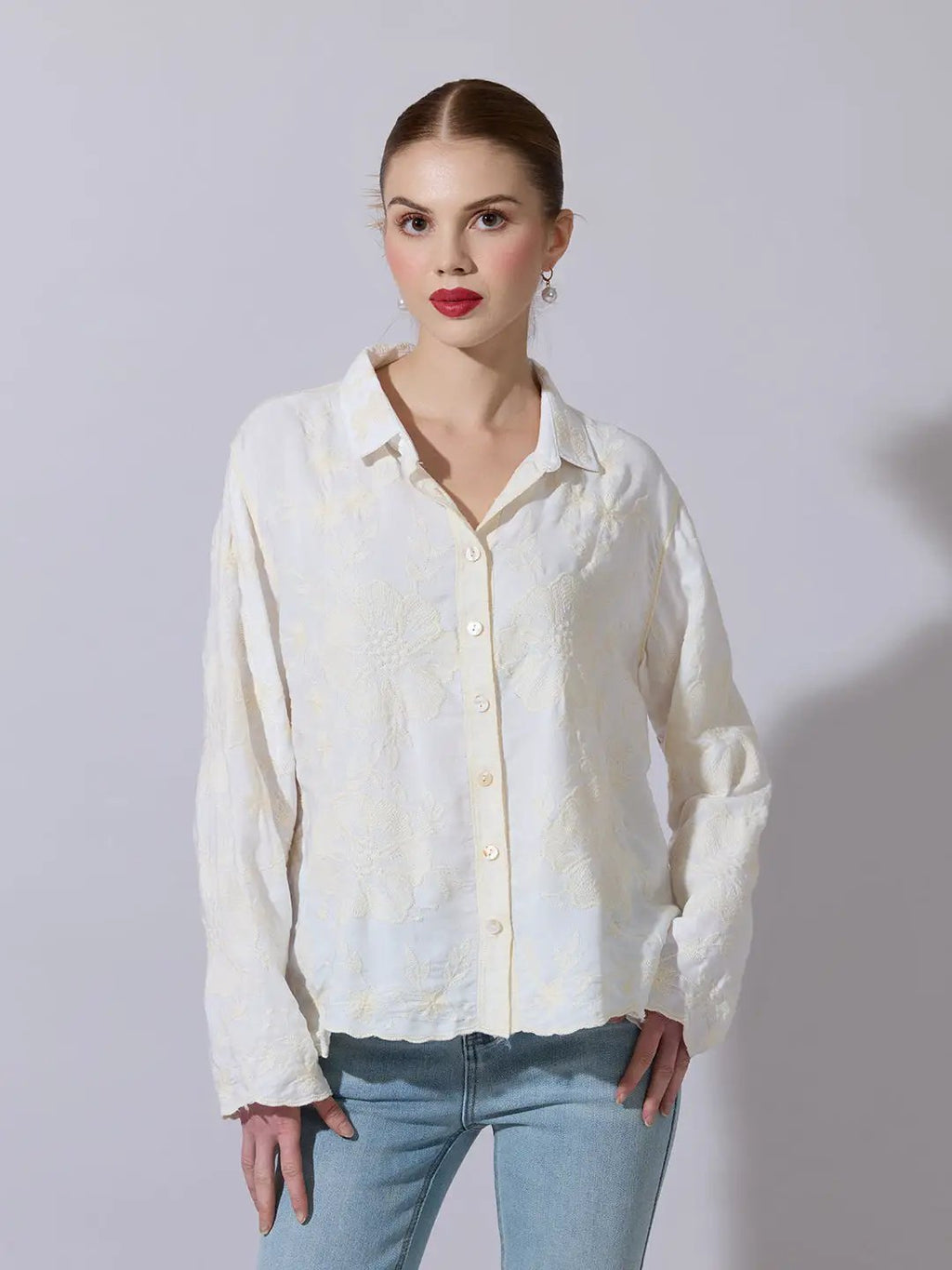 Women's Textured Cream Embroidered Shirt