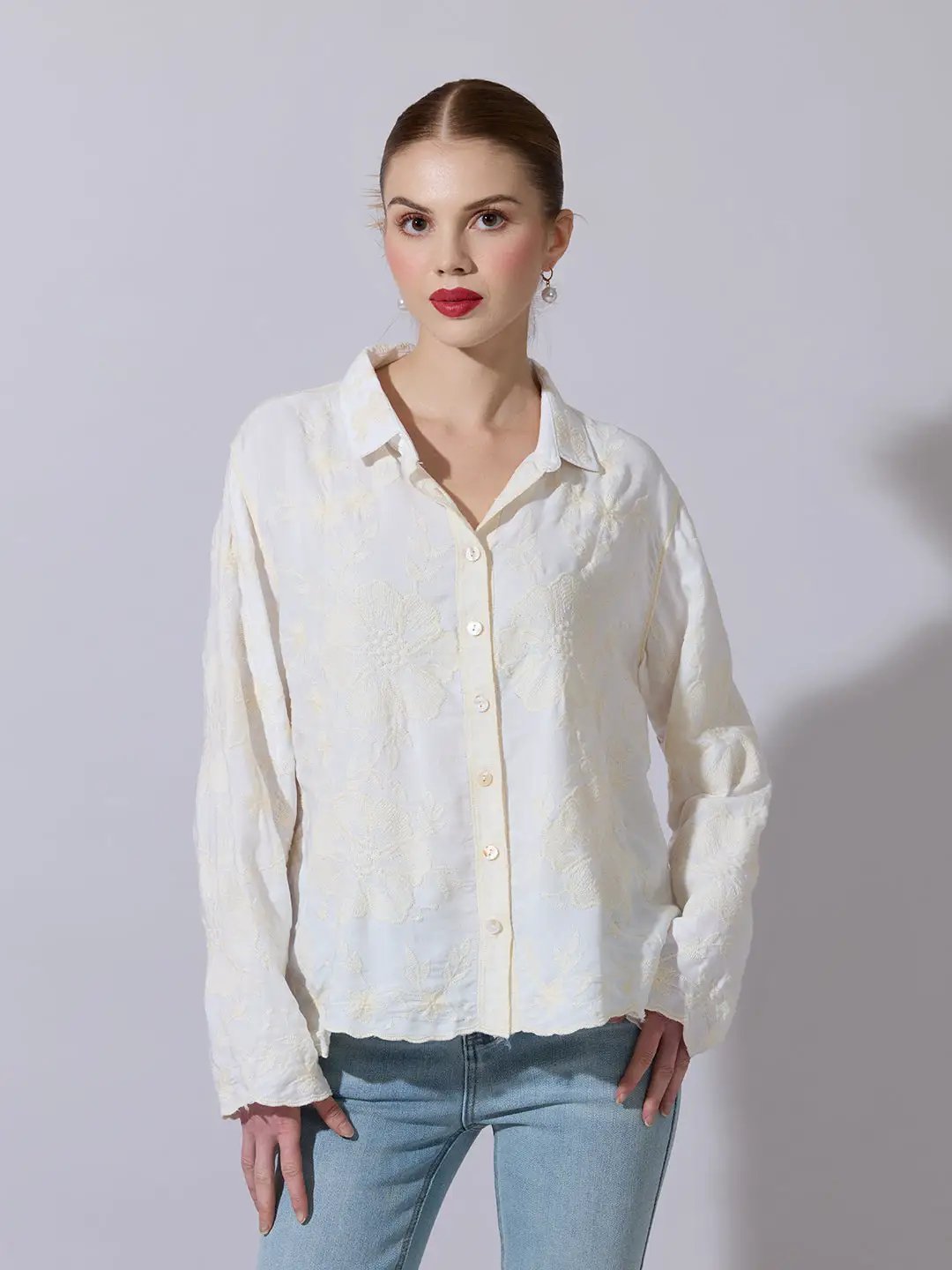 Women's Textured Cream Embroidered Shirt