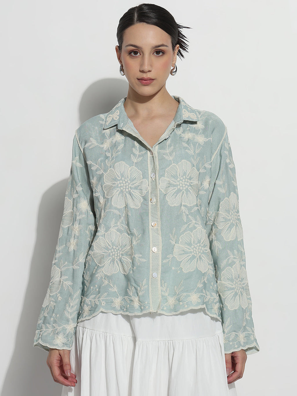 Women's Floral Embroidered Sea Green Relaxed Fit Shirt