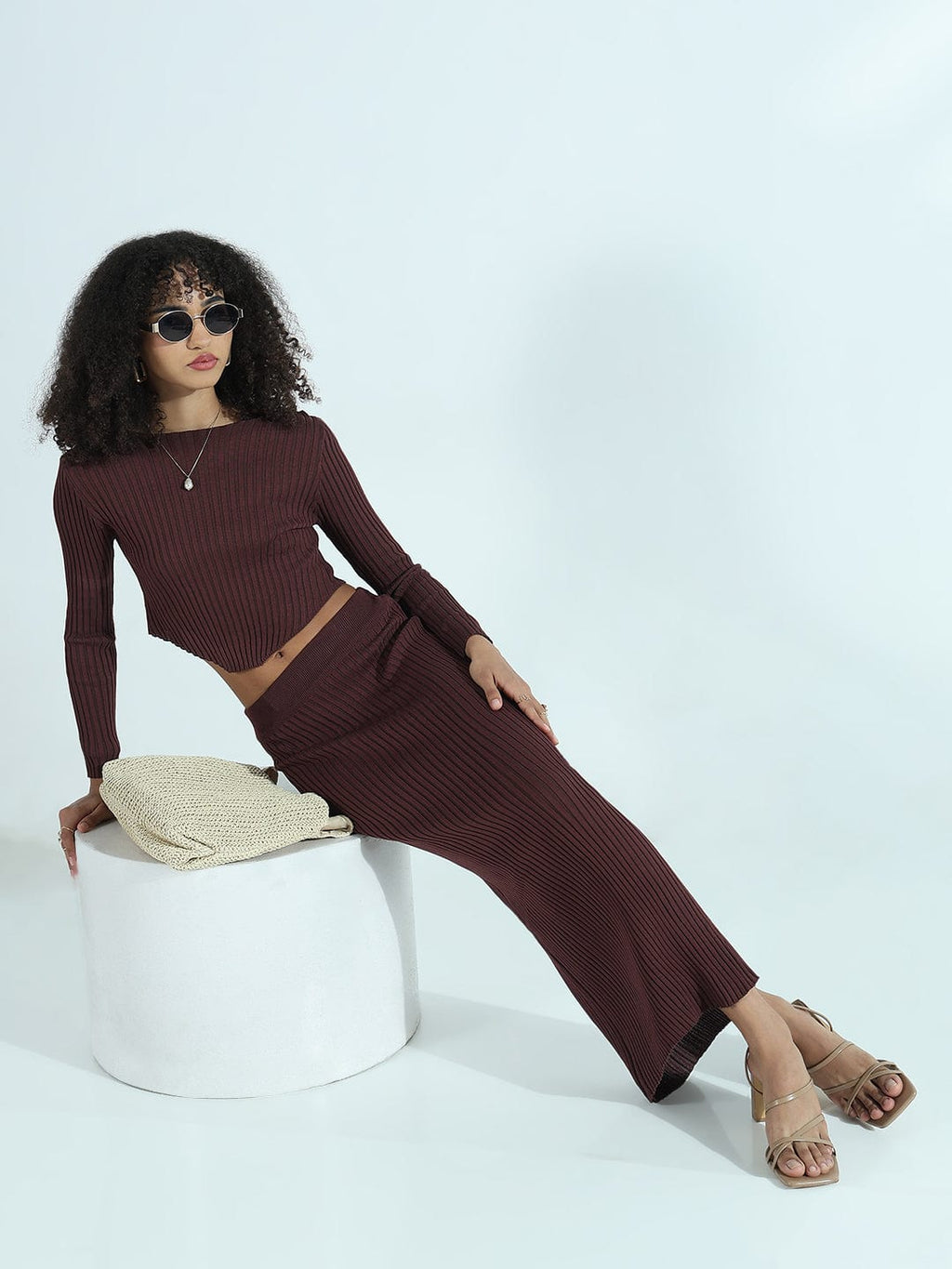 Women's Ribbed Brown Asymmetric Top with Maxi Skirt Co-ords Set