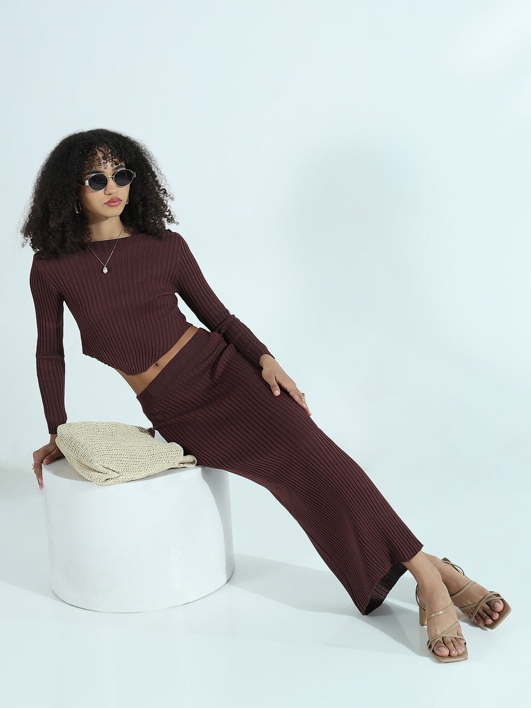Women's Ribbed Brown Asymmetric Top with Maxi Skirt Co-ords Set