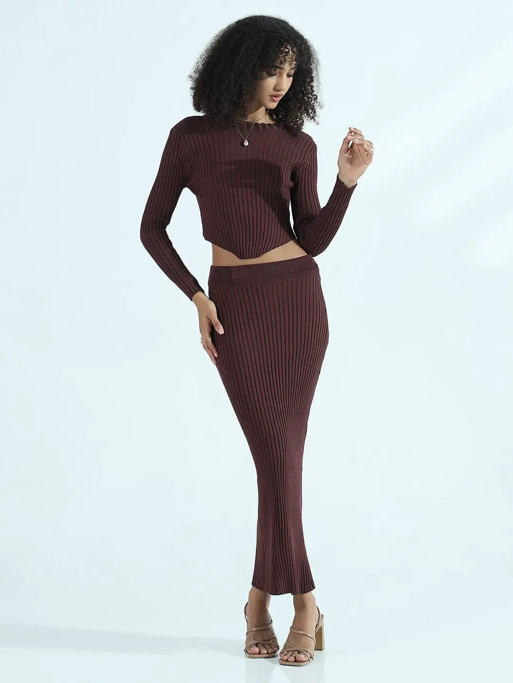 Women's Ribbed Brown Asymmetric Top with Maxi Skirt Co-ords Set