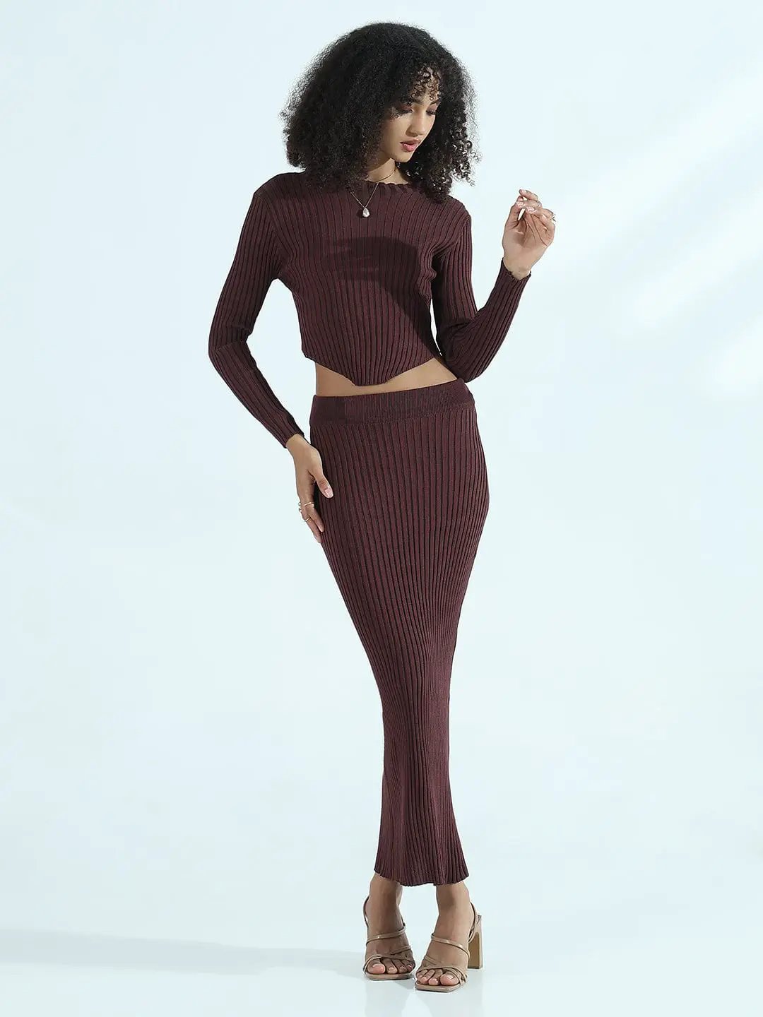 Women's Ribbed Brown Asymmetric Top with Maxi Skirt Co-ords Set