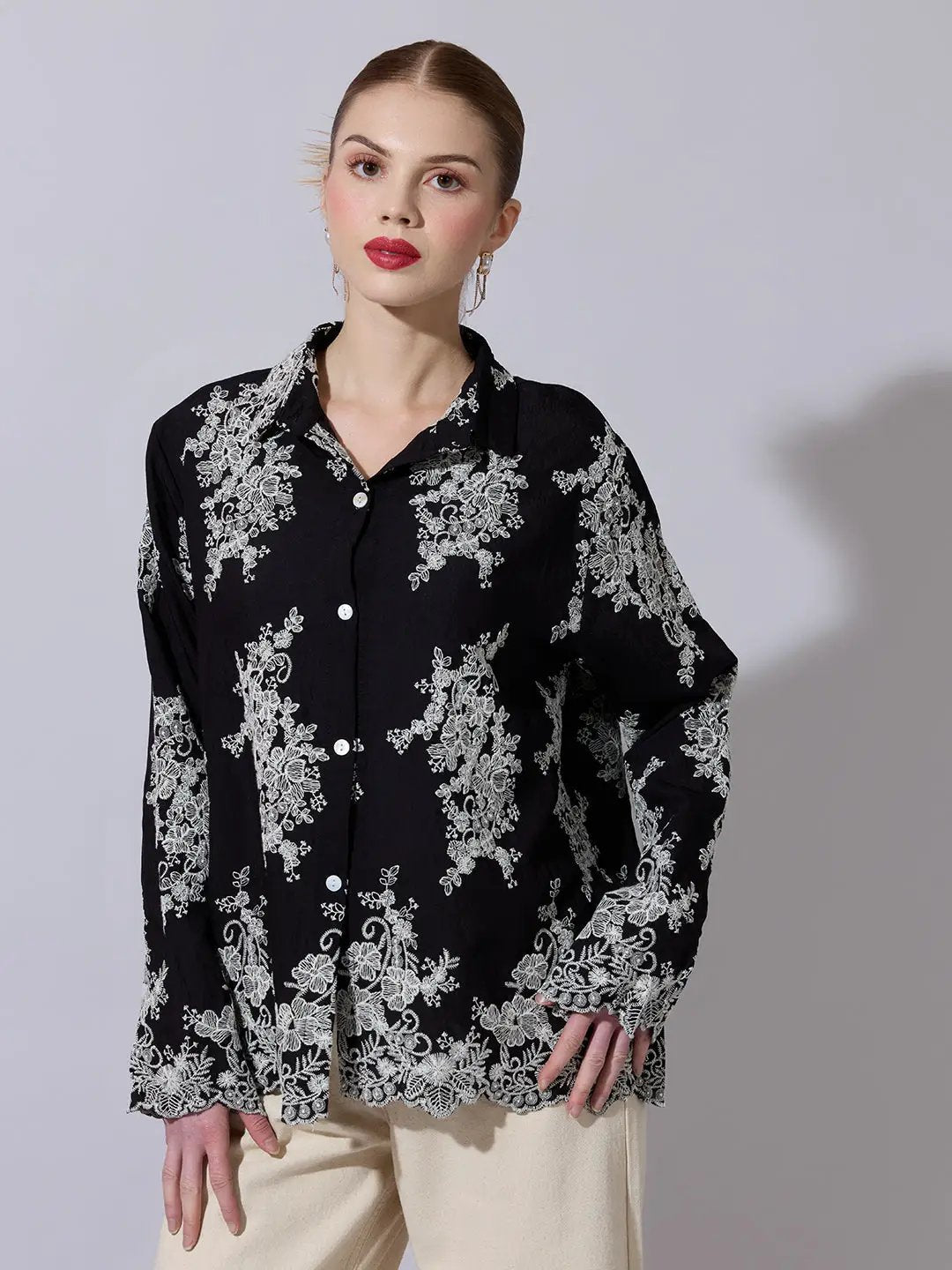 Women's Floral Embroidered Black Shirt