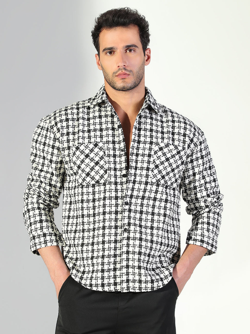 Men's Textured Checked Black Shacket
