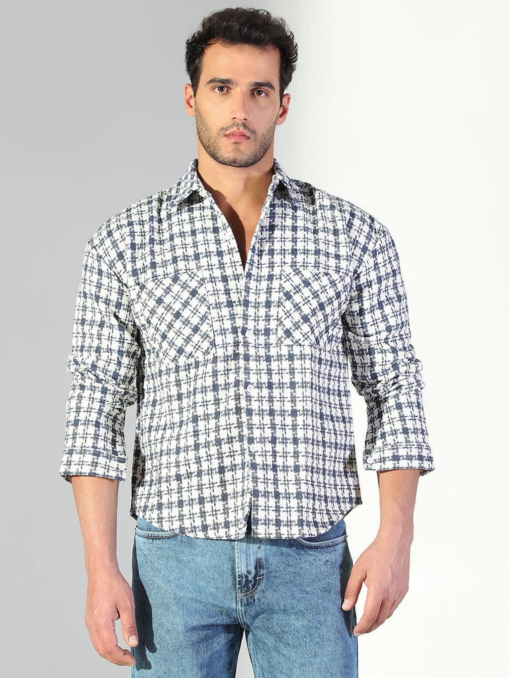 Men's Textured Checked Blue Shacket