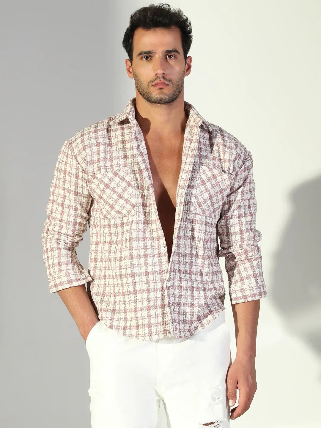 Men's Textured Checked Pink Shacket