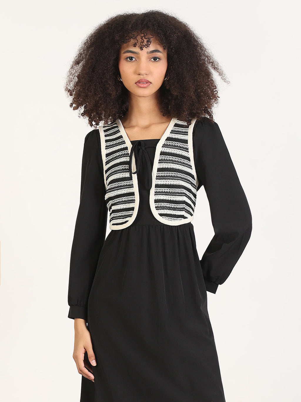 Women's Solid Black Fit and Flare Knee Length Dress with Attached Shrug
