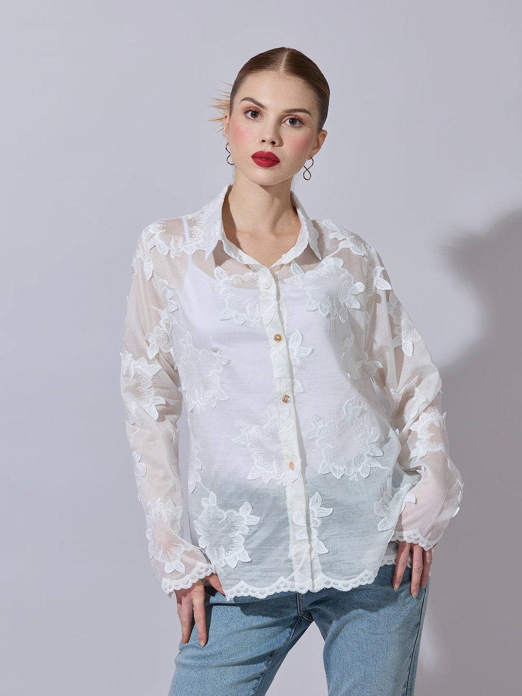 Women's Textured White Embroidered Shirt
