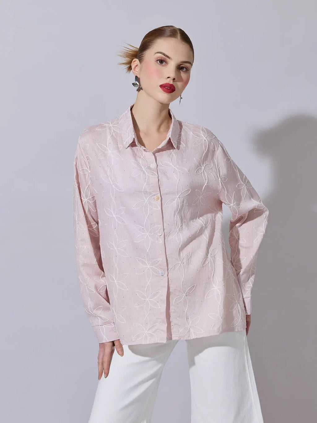 Women's Textured Pink Embellished Shirt