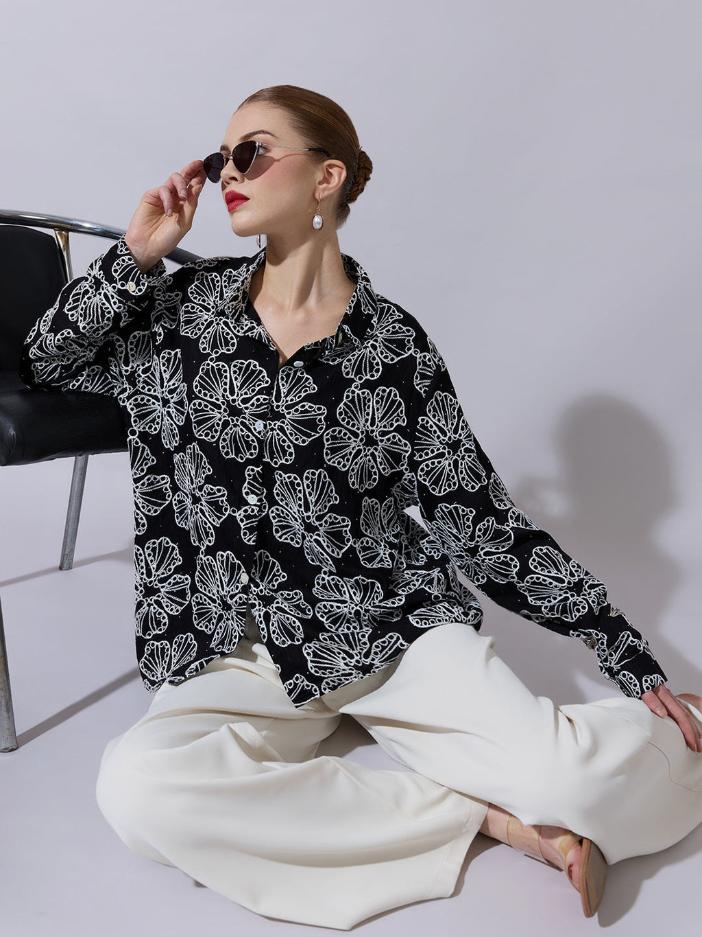 Women's Textured Black Embellished Shirt