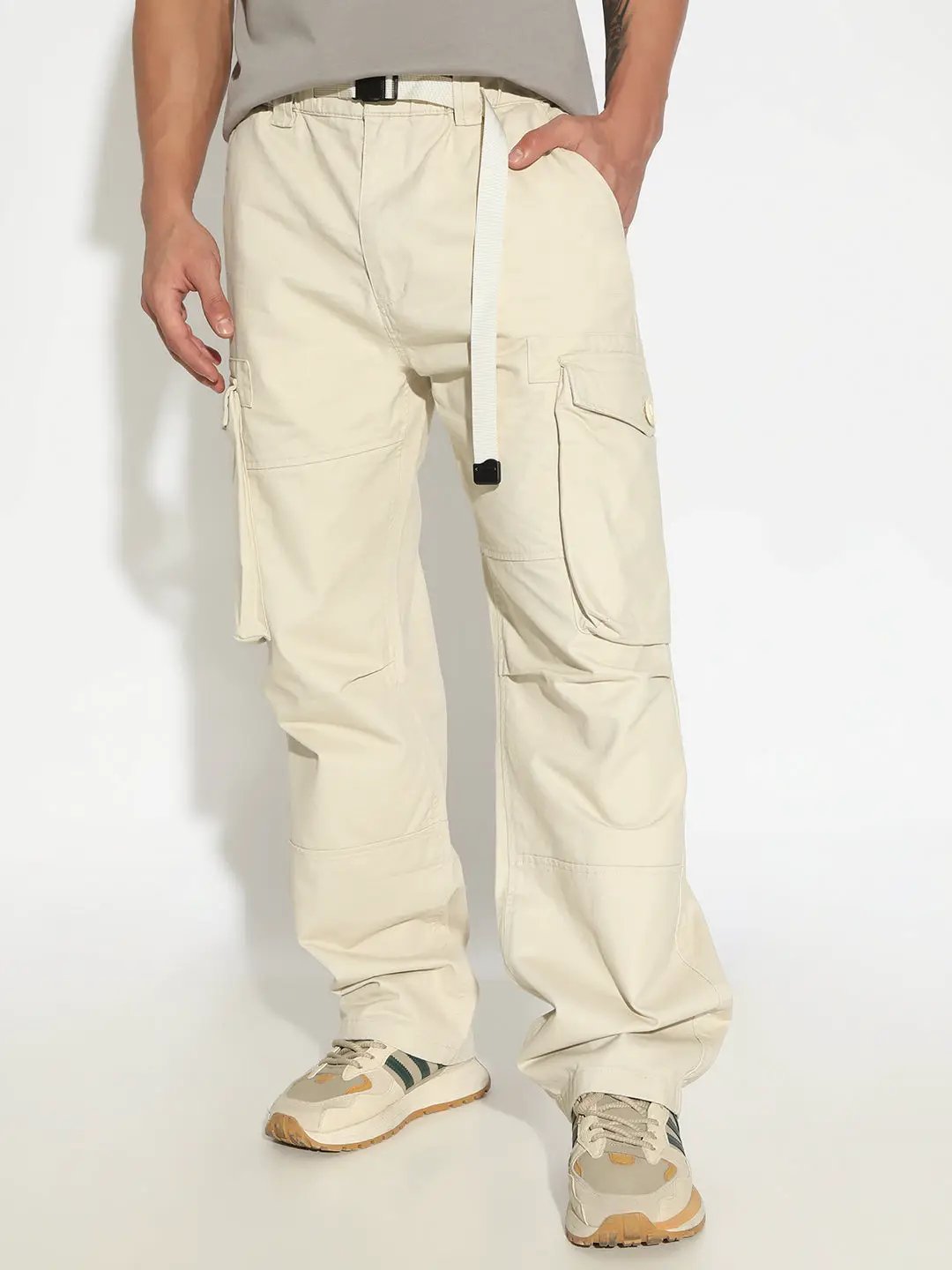 Men's Cream Loose Fit Cargo Trousers
