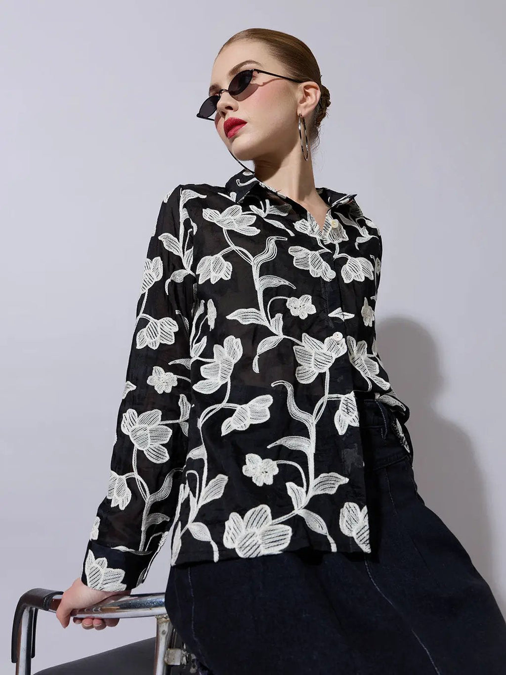 Women's Floral Embroidered Black Shirt