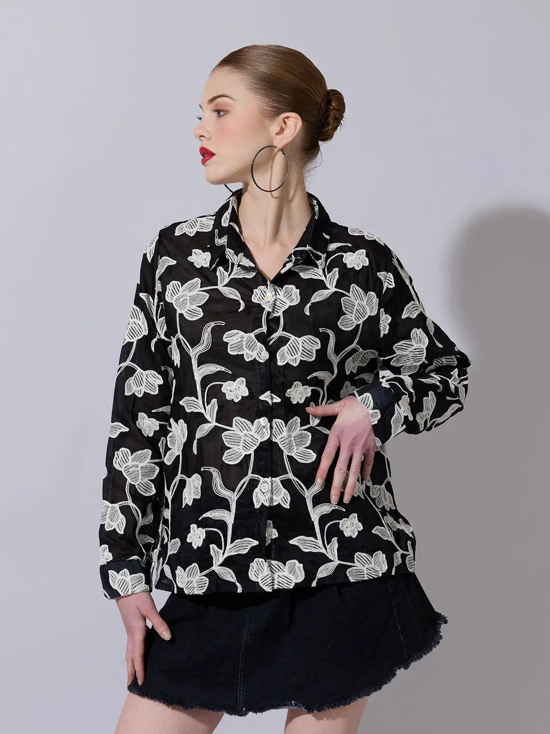 Women's Floral Embroidered Black Shirt