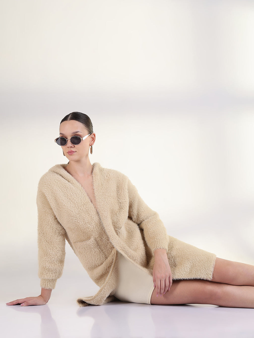 Women's Solid Beige Hooded Longline Shrug