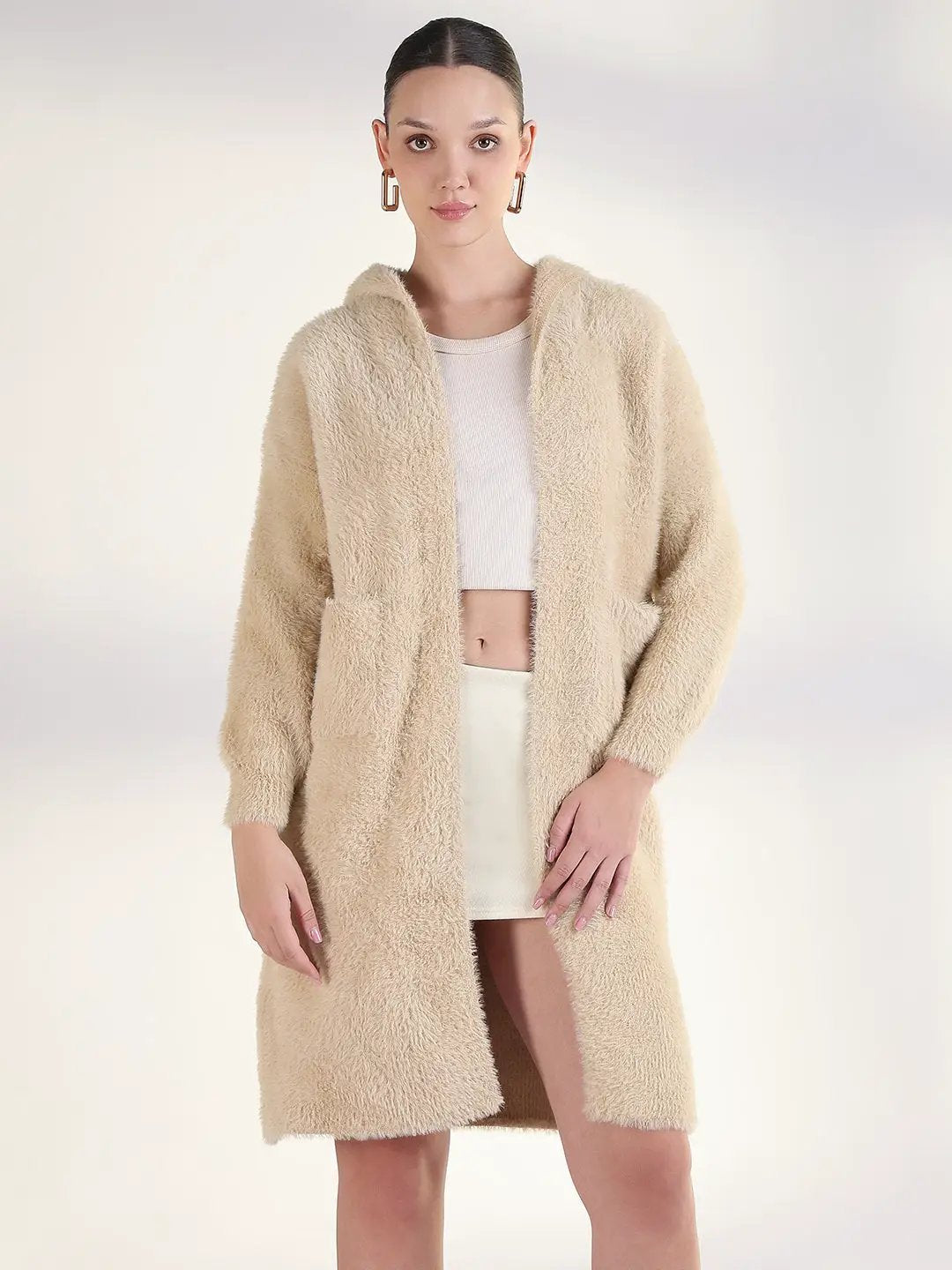 Women's Solid Beige Hooded Longline Shrug