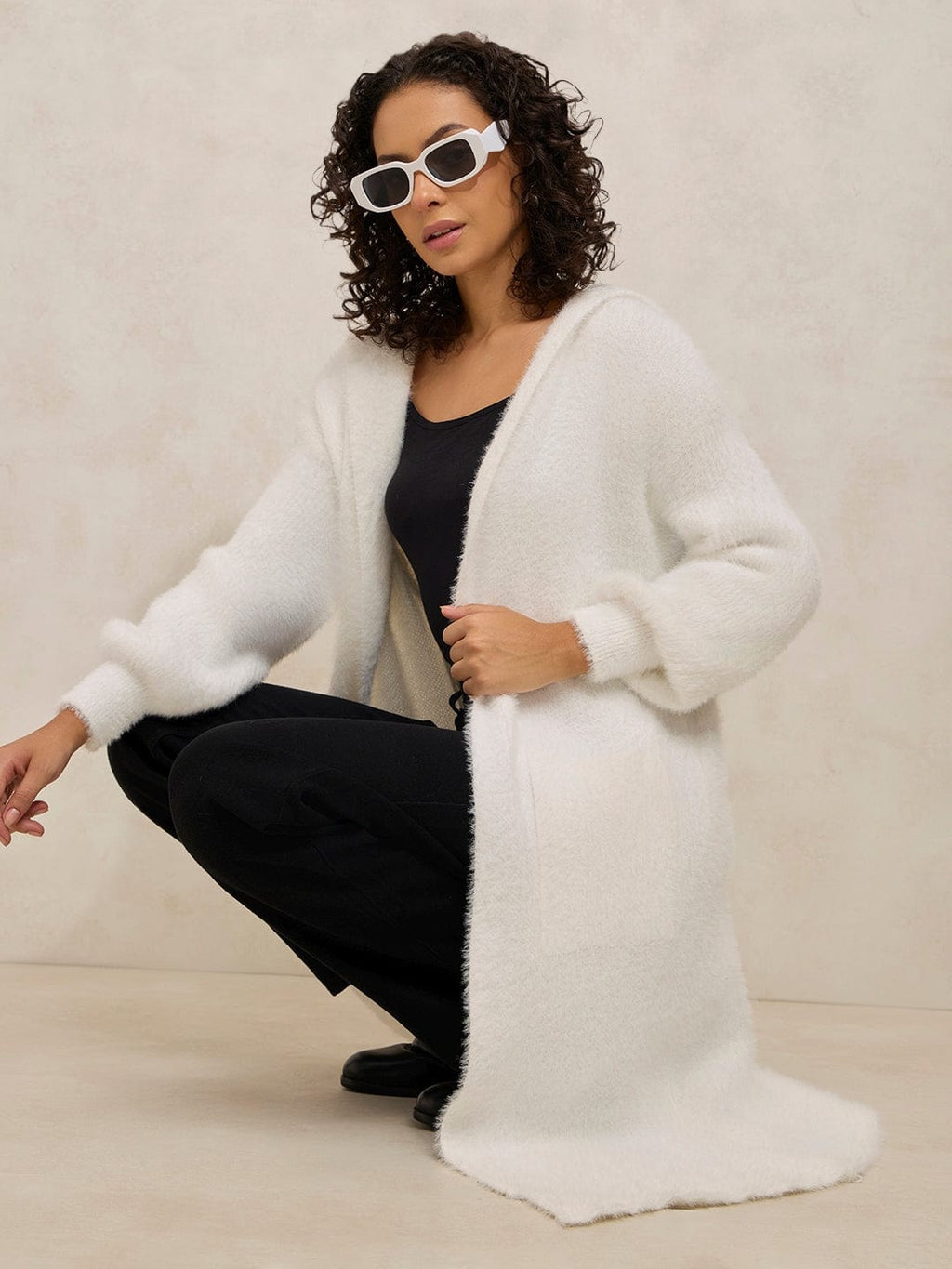 Women's White Fuzzy Open Front Long Shrug With Hood