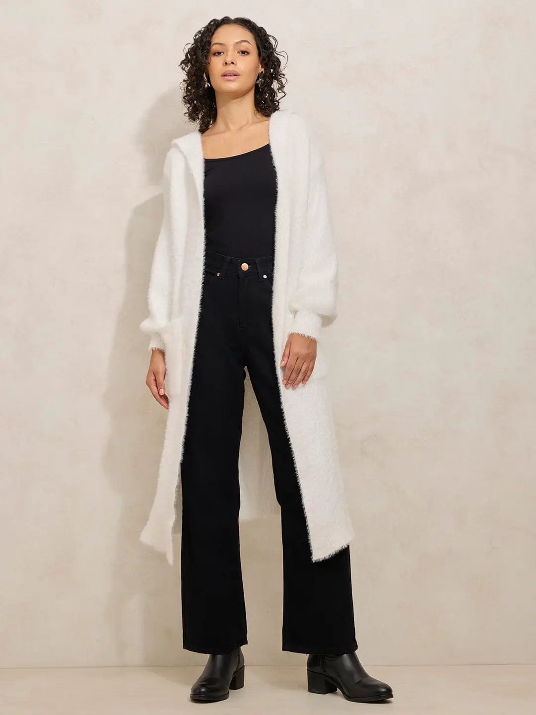 Women's White Fuzzy Open Front Long Shrug With Hood