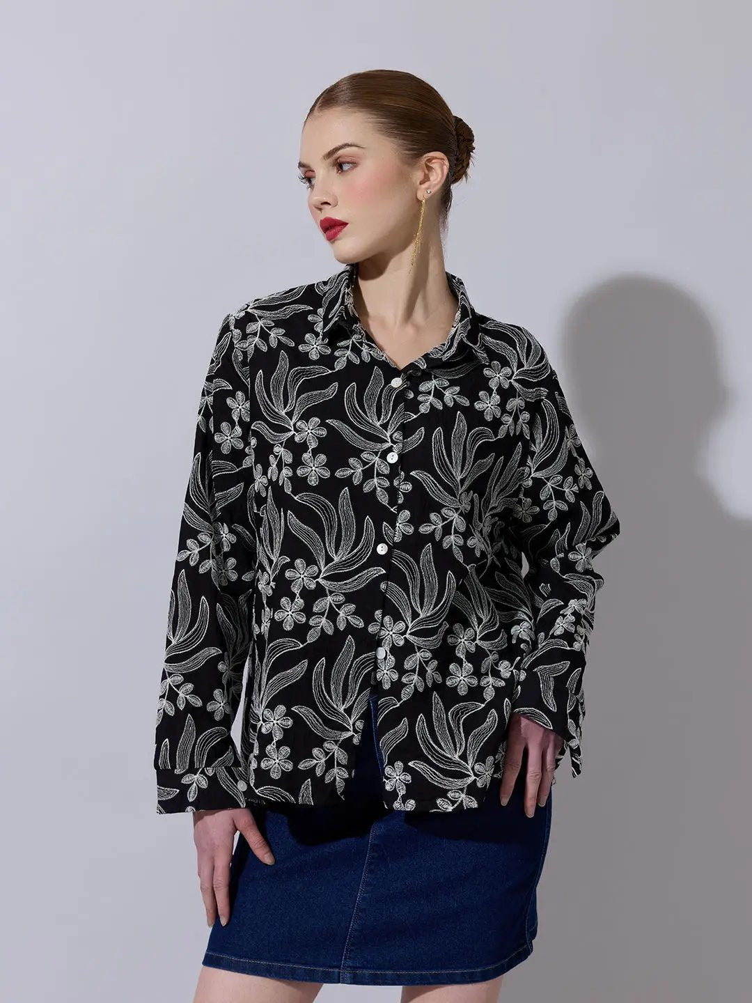 Women's Floral Embroidered Black Shirt