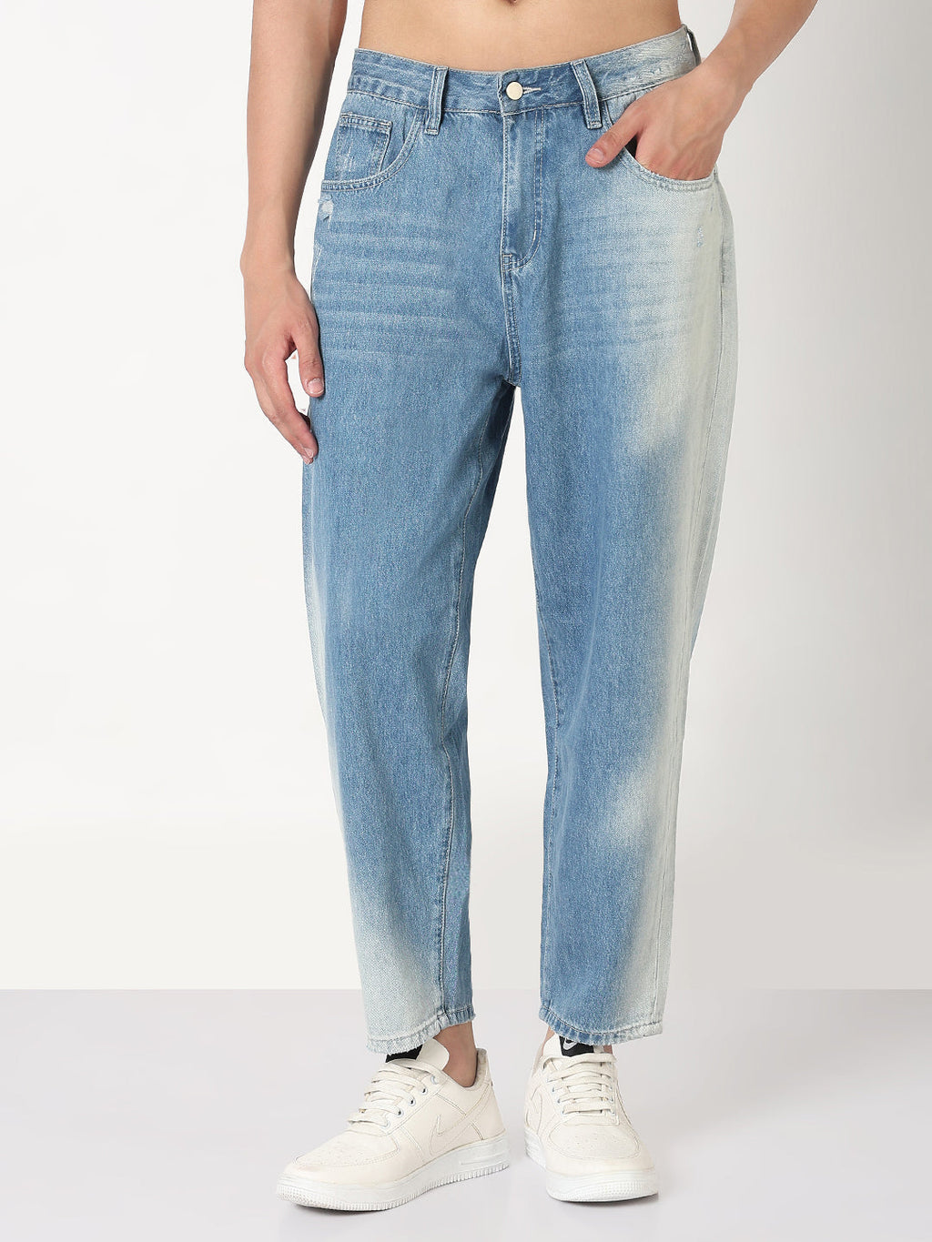 Men's Blue Washed Tapered Fit Distressed Jeans