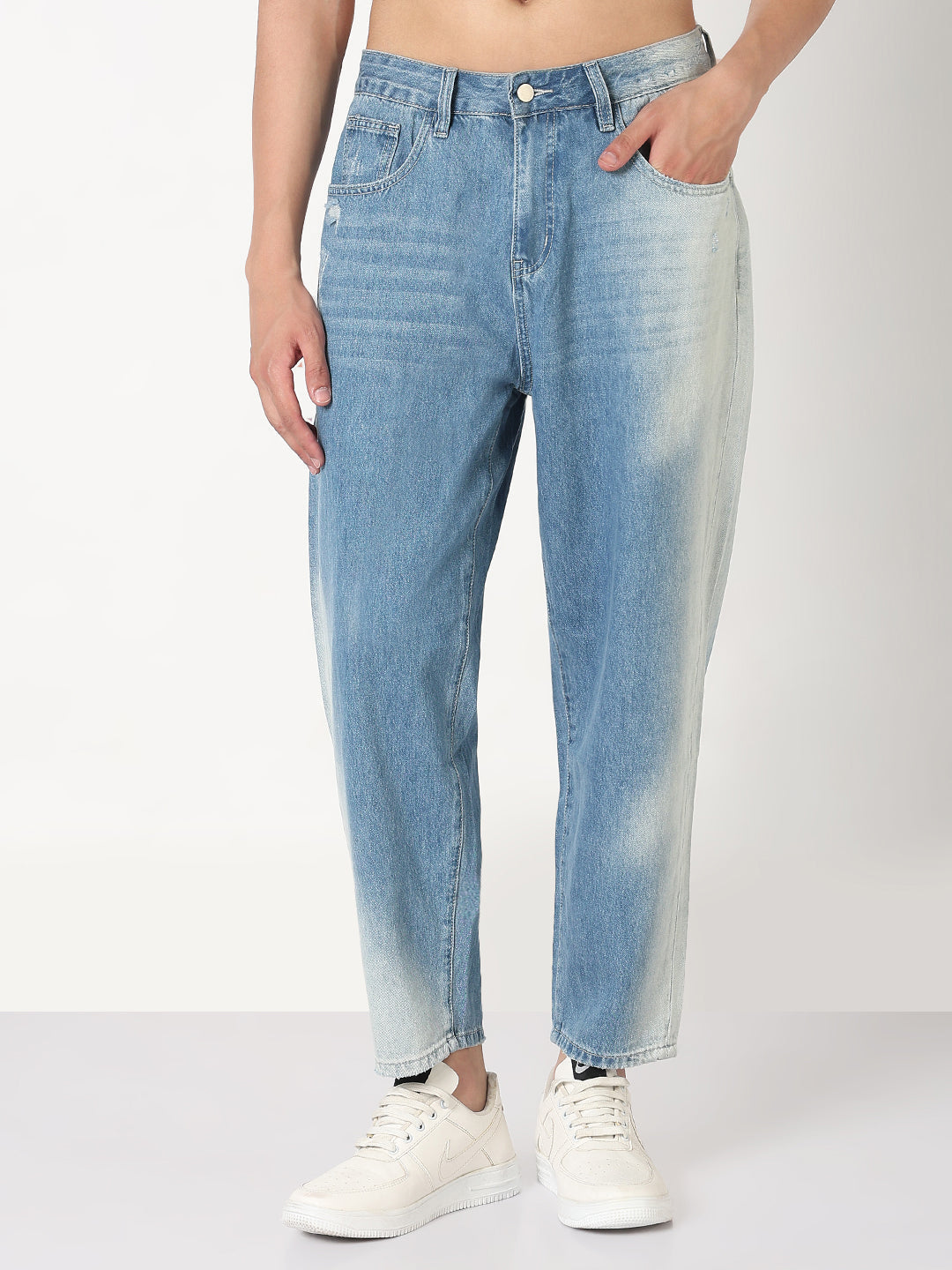 Men's Blue Washed Tapered Fit Distressed Jeans
