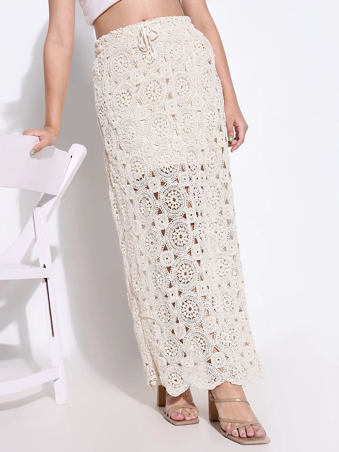 Women's Crochet Beige Maxi Skirt with Lining