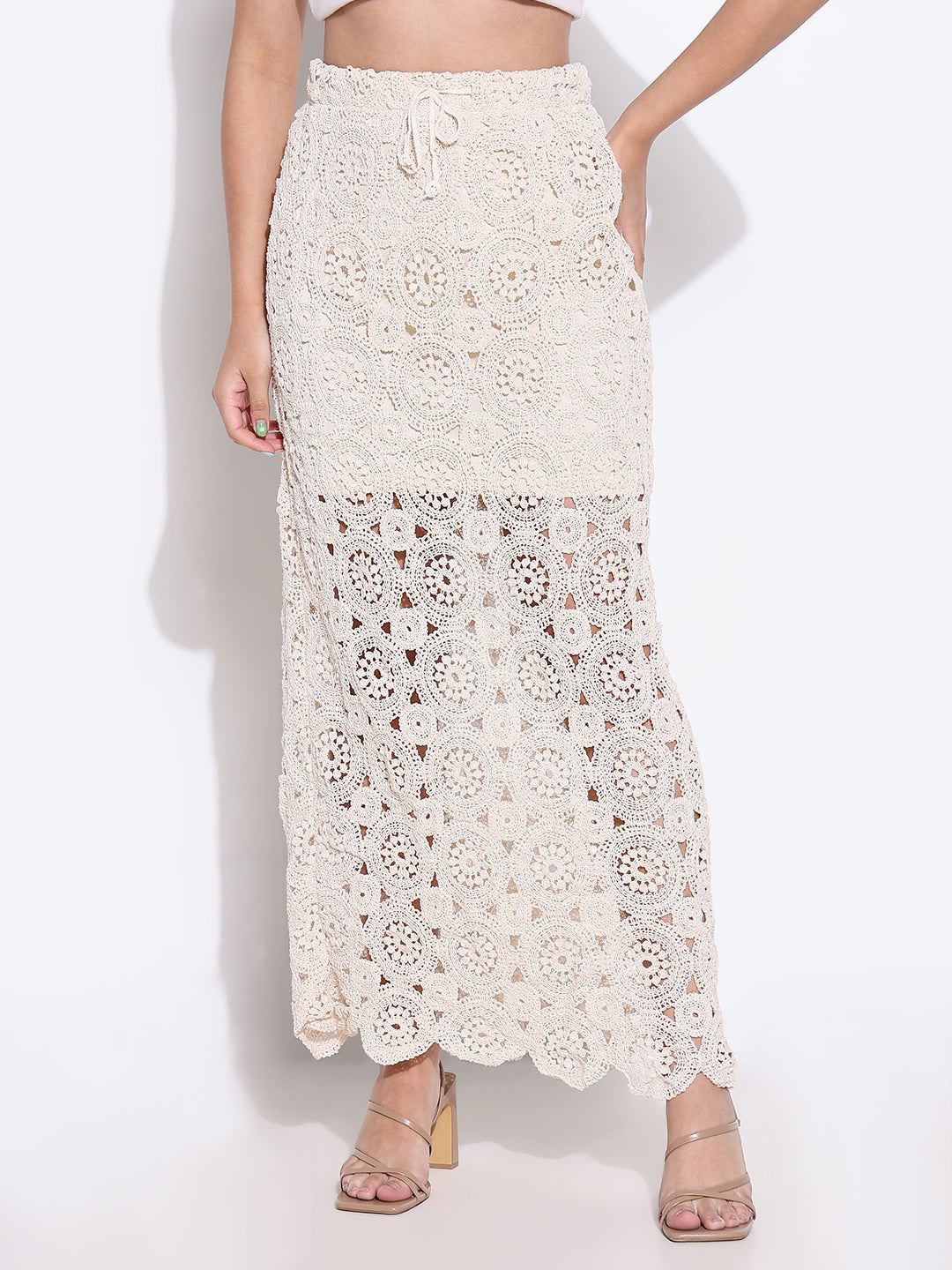 Women's Crochet Beige Maxi Skirt with Lining