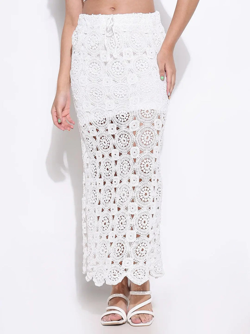 Women's Crochet White Maxi Skirt with Lining