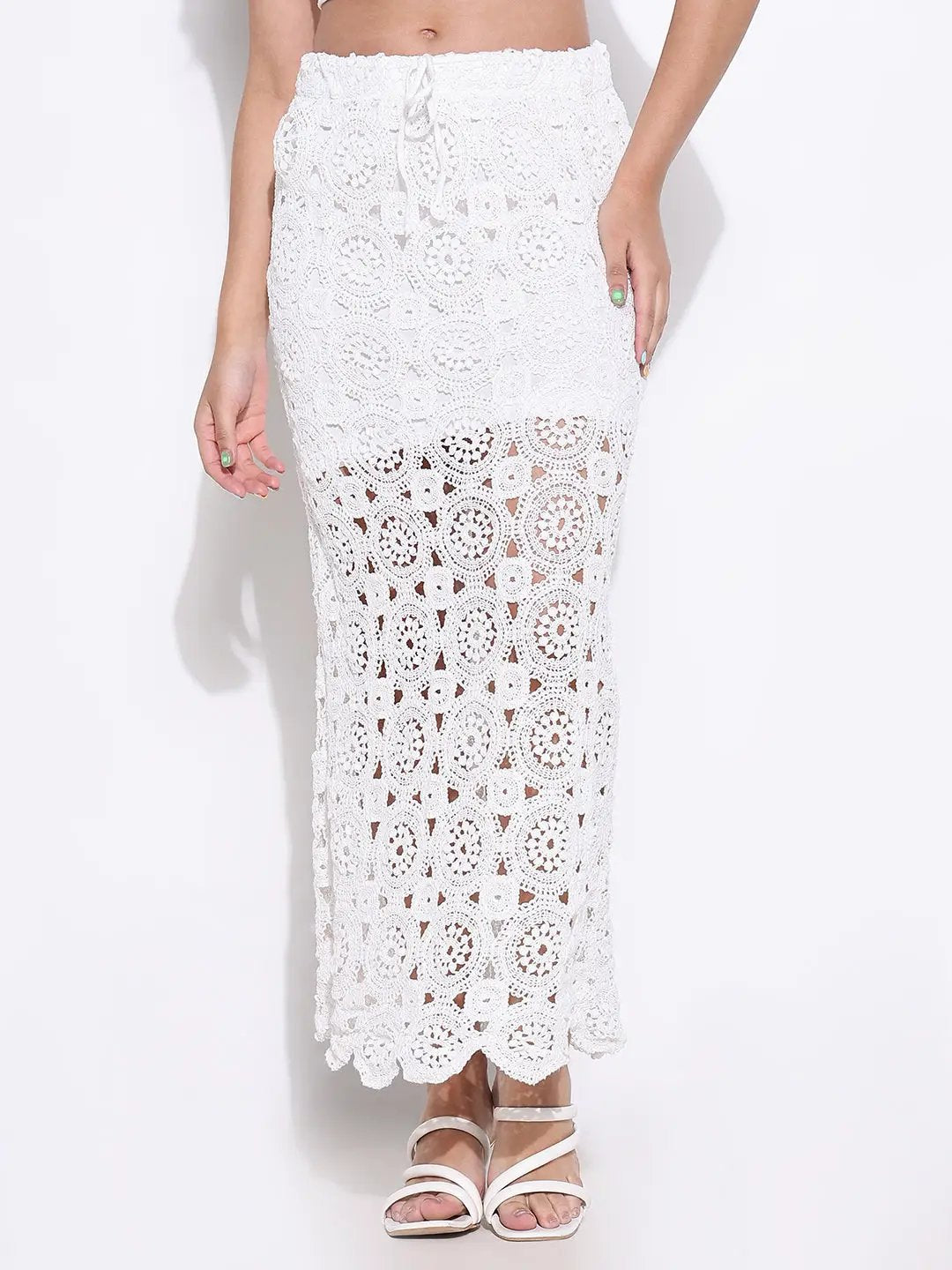 Women's Crochet White Maxi Skirt with Lining