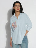 Women's Oversized Blue Solid Shirt with Embroidered Chest Pocket