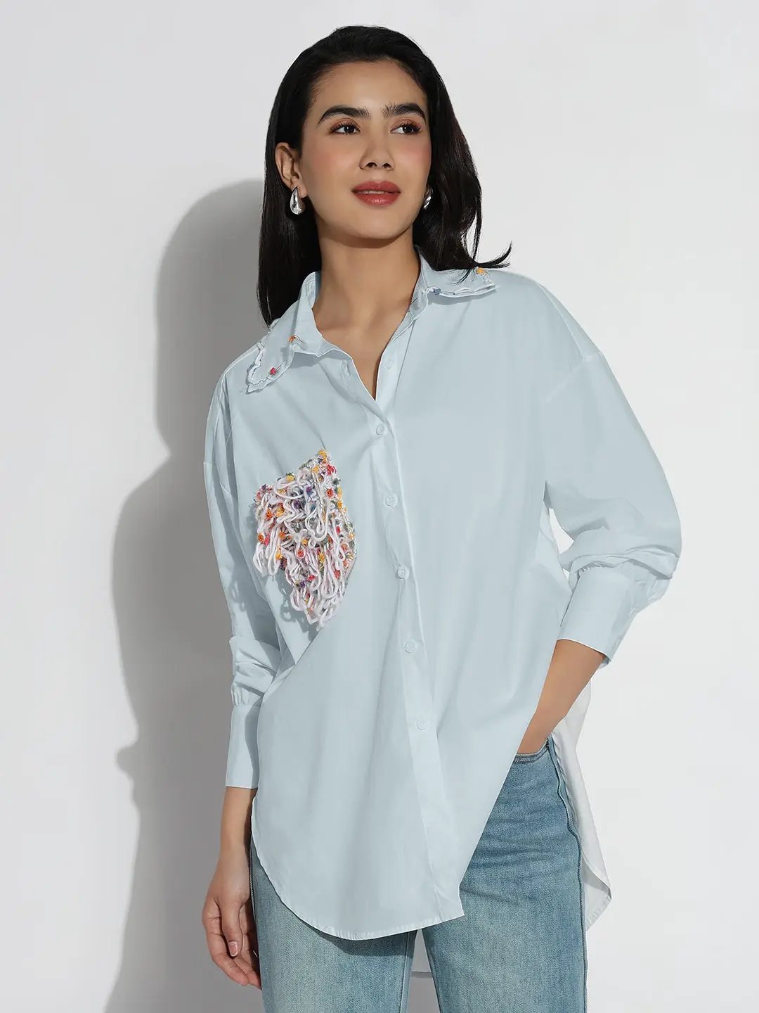 Women's Oversized Blue Solid Shirt with Embroidered Chest Pocket