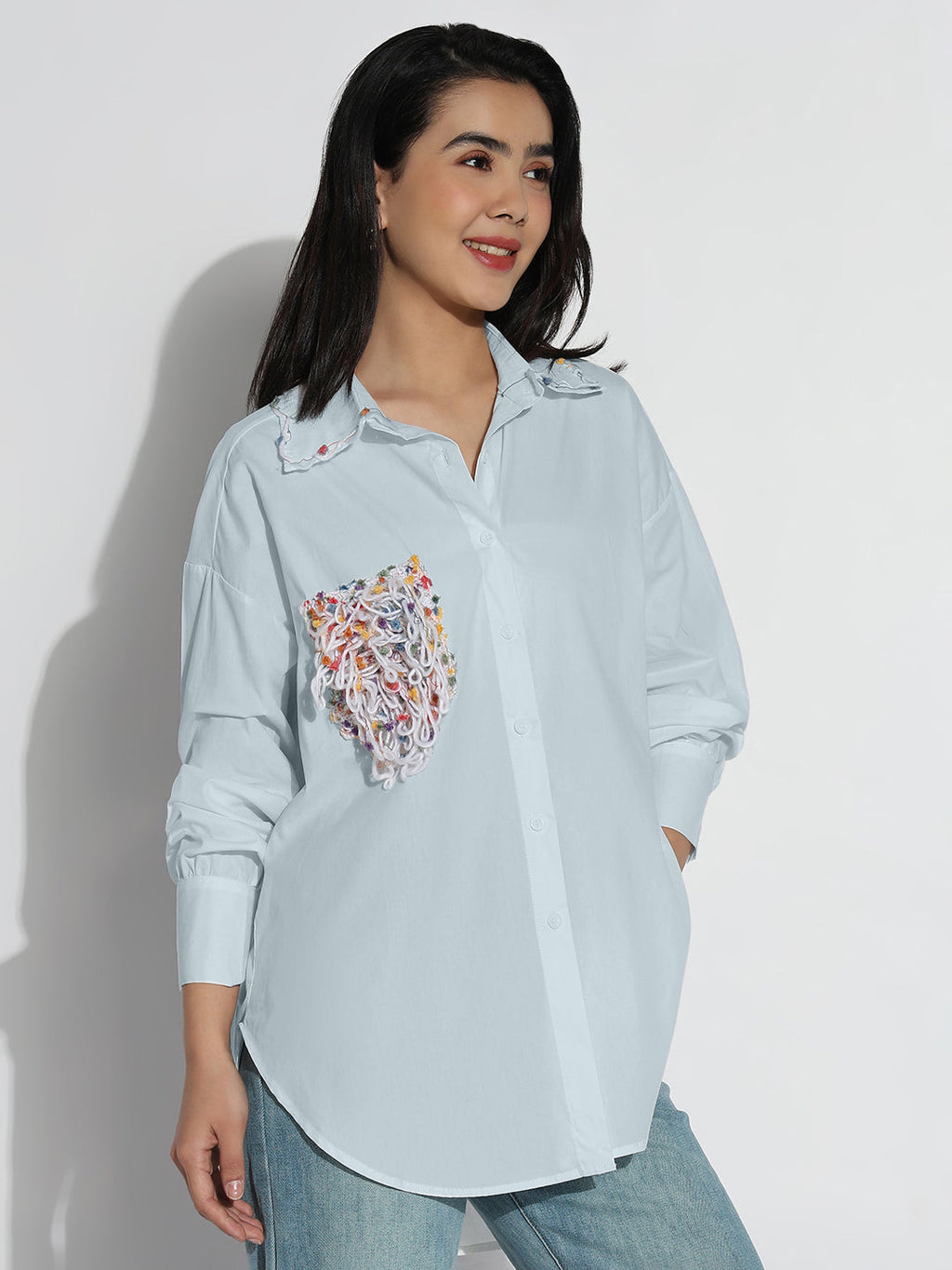 Women's Oversized Blue Solid Shirt with Embroidered Chest Pocket
